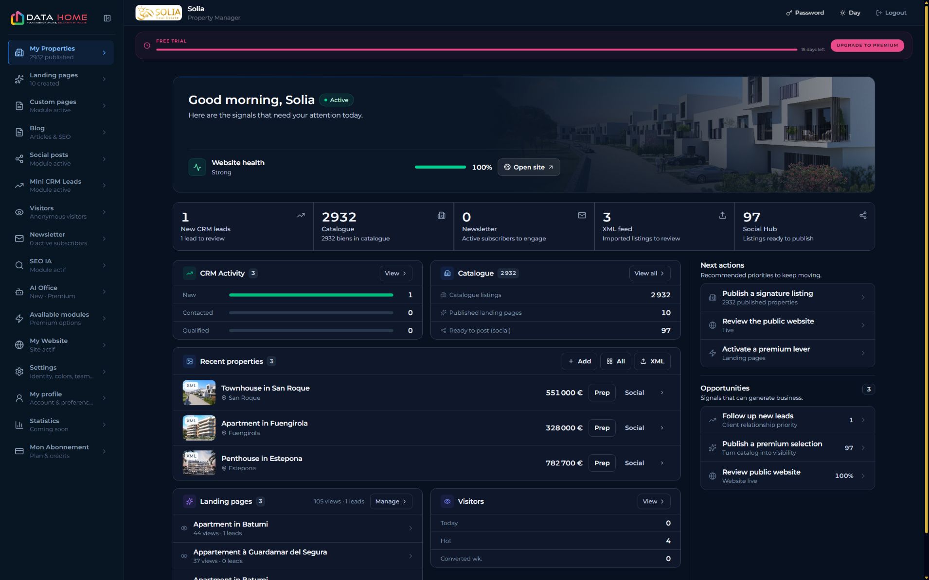 Cockpit DATAhome : activité CRM, catalogue et actions de publication