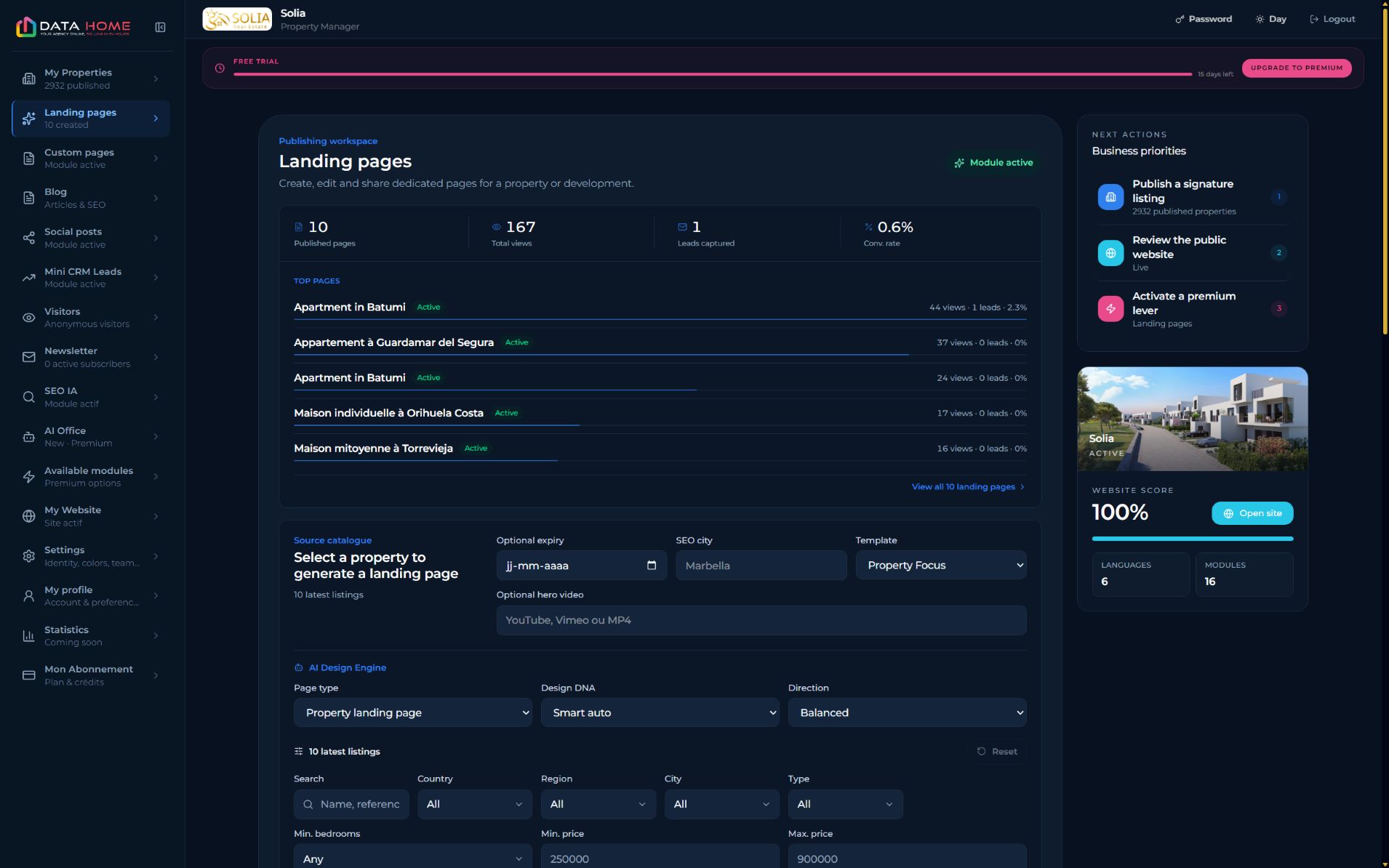 Gestionnaire DATAhome des Landing Pages