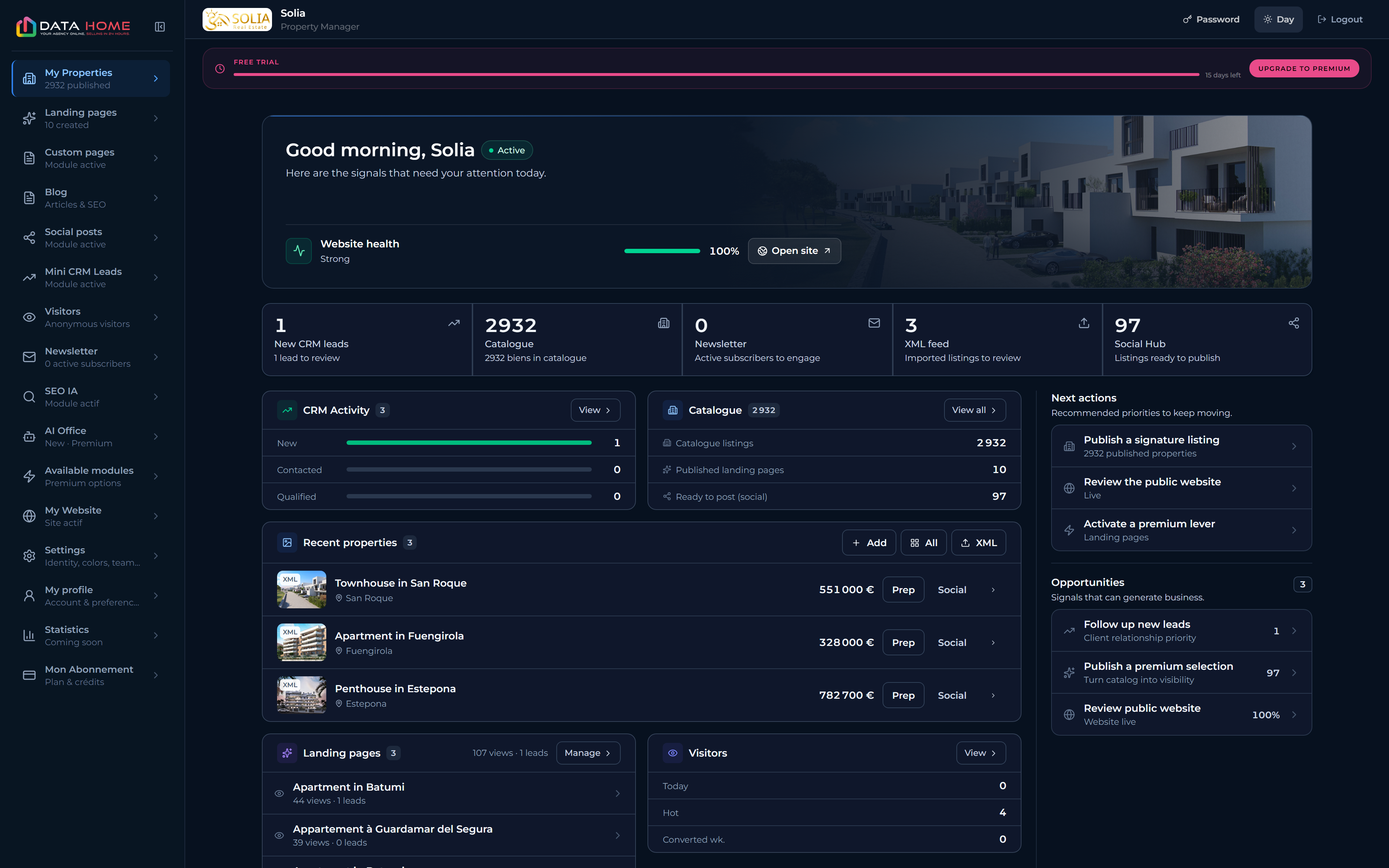 DATAhome Cockpit met CRM-activiteit, catalogus en publicatieacties