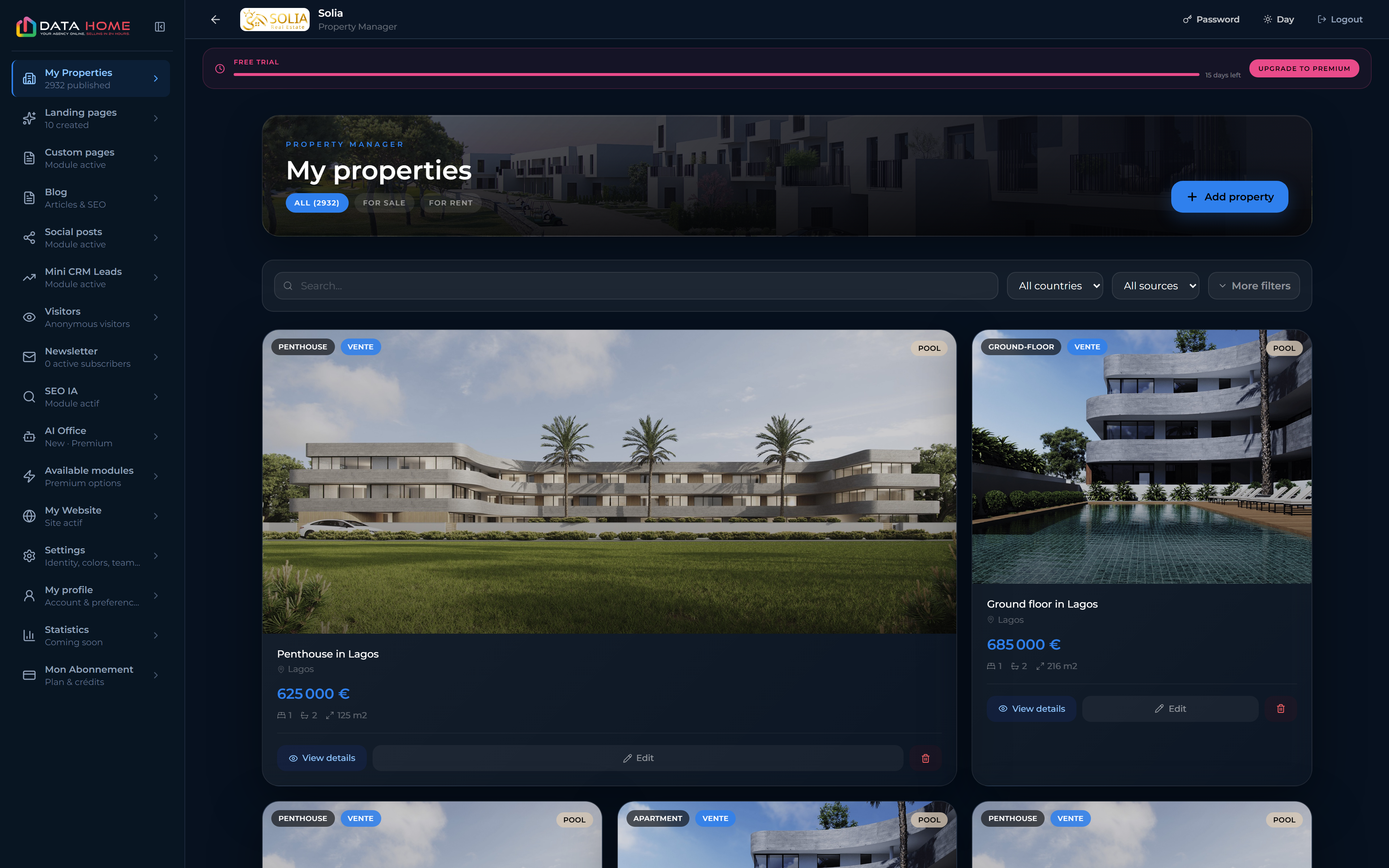 DATAhome Vastgoedmanager met verkoop- en huurfilters en advertenties