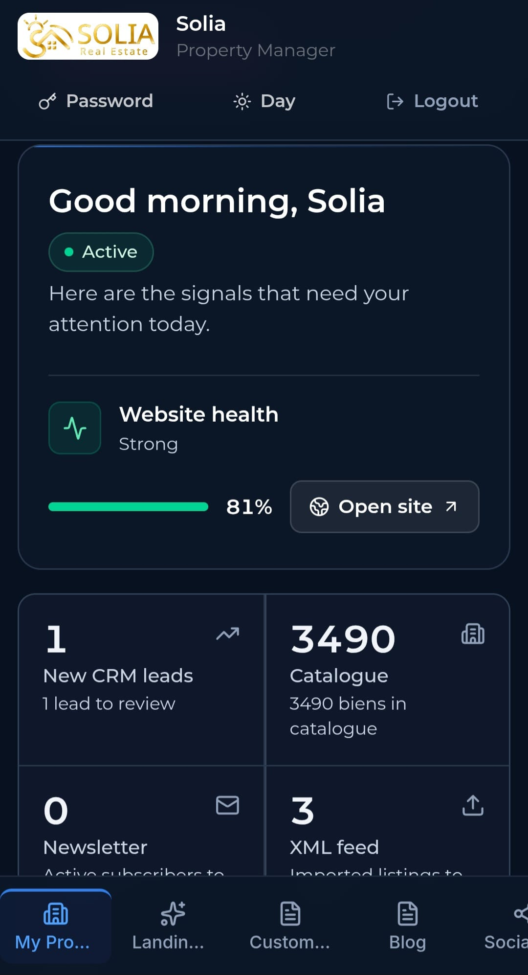 DATAhome Cockpit met CRM-activiteit, catalogus en publicatieacties
