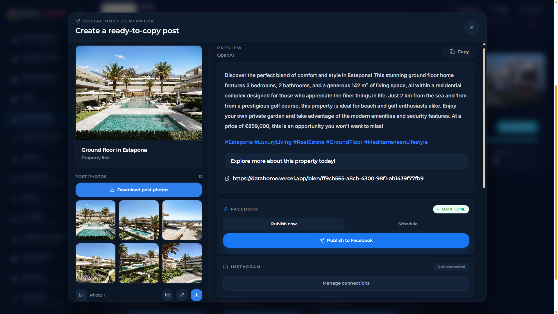 DATAhome Social Hub met pandselectie en publicatiecontroles