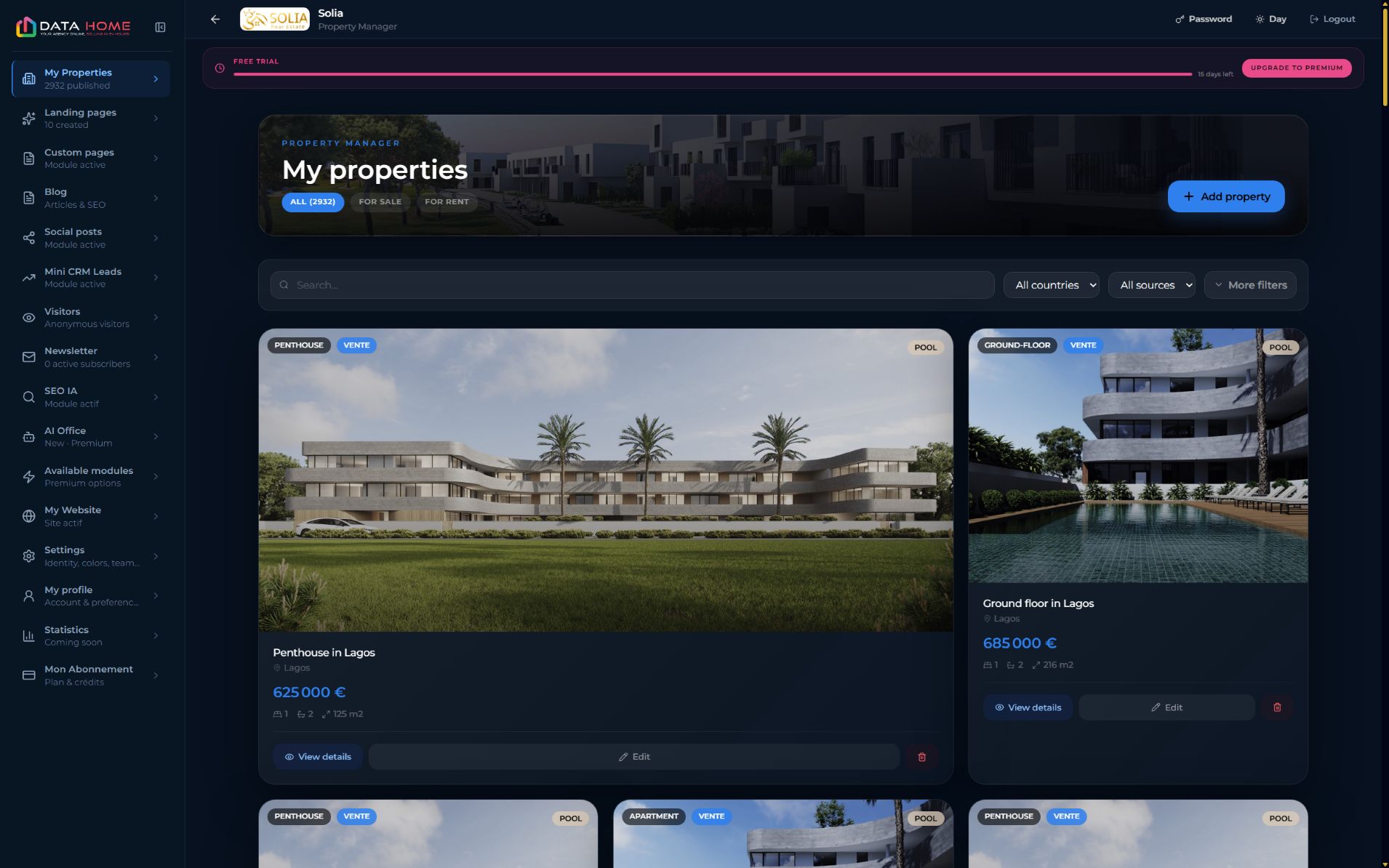 Property Manager DATAhome avec filtres vente et location et annonces immobilières