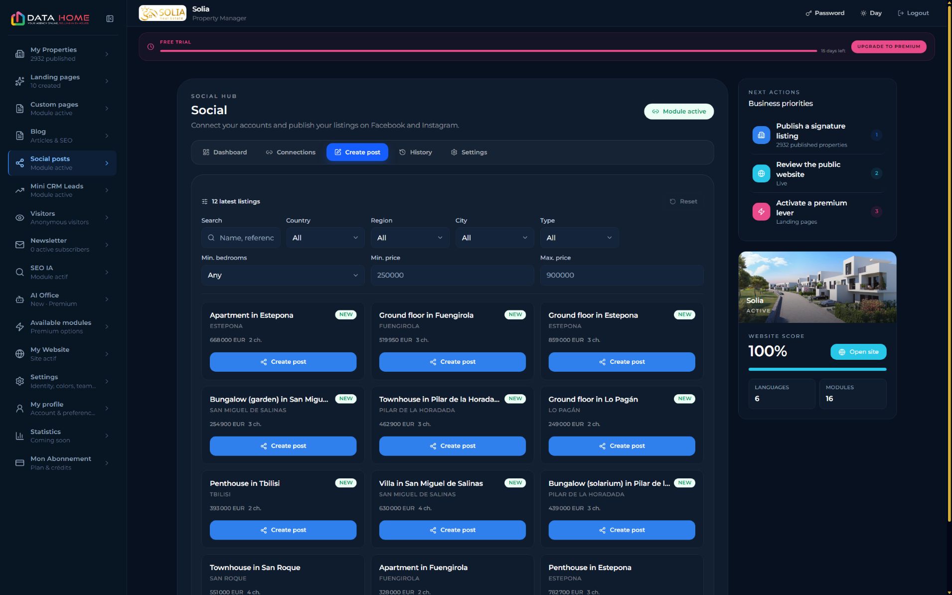 Social Hub DATAhome : sélection des biens et création de publications